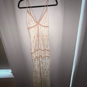 Lace Maxi Slip Dress in Cream with beige Trim